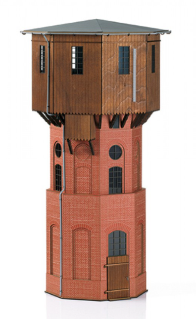 A model of a Sternebeck water tower building kit with a red brick exterior and a brown roof, made from laser-cut architectural cardstock.