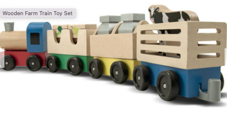 A wooden farm train toy set with a colorful engine and three interchangeable cars, including a cow car and a fruit and vegetable car.