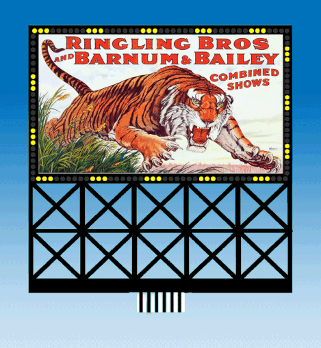 An illustrated circus billboard featuring a tiger with a 'Ringling Bros and Barnum & Bailey' themed backdrop, depicting a vintage circus advertisement.