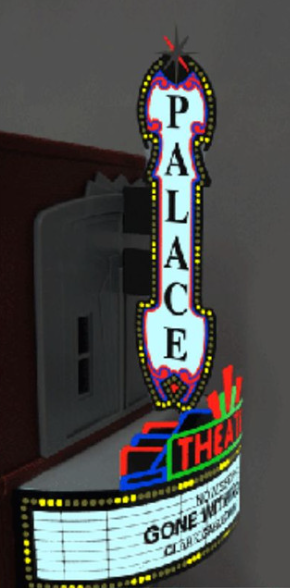 A model theater sign with animated and lighted elements, featuring a stylized design with colorful text and graphics.