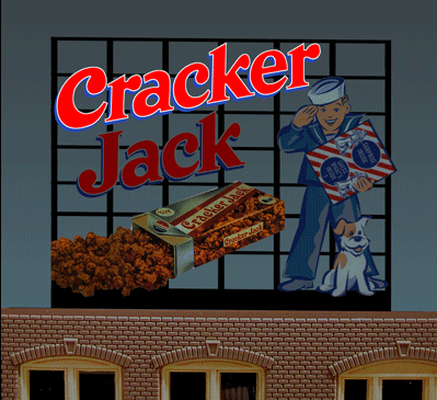 A toy model of a large Cracker Jack billboard featuring an animated lighted display with a sailor and a dog, with a box of Cracker Jack in the foreground.
