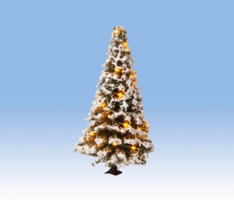 A white, lighted Christmas tree with LED lights, against a blue sky background.