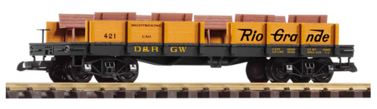 A model of a D&RGW sightseeing car for a model train set, featuring wood platform details, yellow and black coloration, and the D&RGW logo.