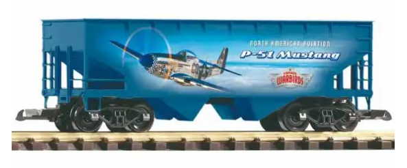 A model of a PIKO one-of-a-kind design P-51 Mustang hopper car, featuring an open top, two-bay hopper design, with blue body, white and grey accents, and an image of the P-51 Mustang aircraft.
