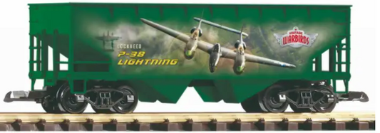 A model of a PIKO Vintage Warbirds P-38 Hopper Car with detailed graphics and a green background.
