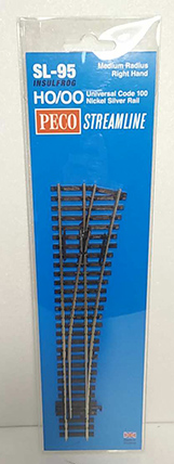 Packaged model train turnout track in medium radius right hand configuration by PECO.