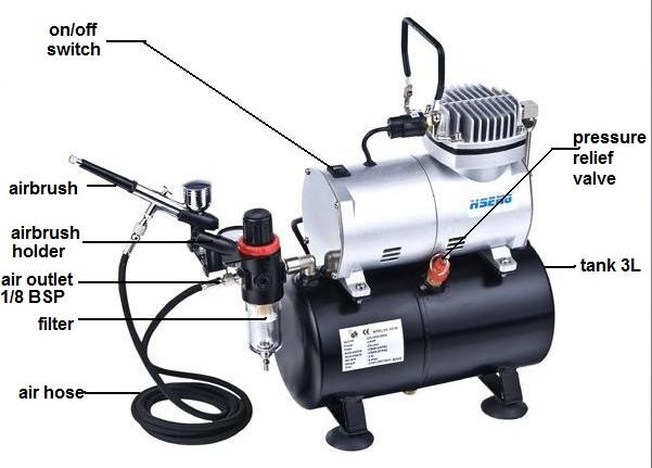 Ningbo Haosheng Air Compressor W/ 3 Litre Air Tank, Regulator, Air Hose & Gravity Fed Airbrush - 110 Volt
