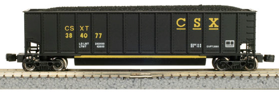 A model of a black CSXT Bethgon coal porter with the number 77 and the letter C on the side.