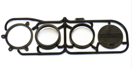 A black 28mm baffle kit designed for round speakers, with circular cutouts for speaker placement.