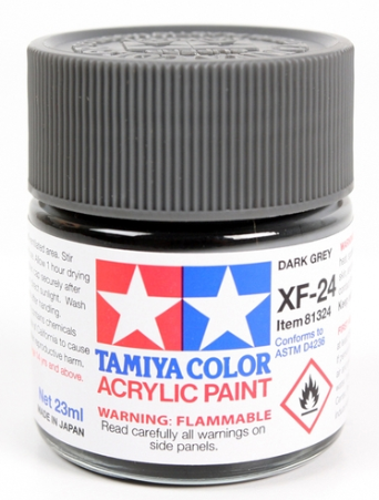 A Tamiya brand acrylic paint tin in dark gray color, labeled 'XF-24 DARK GREY' with warning symbols indicating flammability.