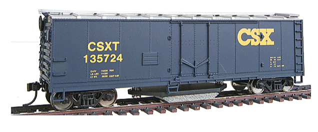 A Walthers Track Cleaning Boxcar with CSX Transportation branding, ready to run, in blue color with detailed molded features.
