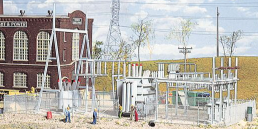 HO Scale model of a Northern Light and Power Substation featuring detailed transformers, chain-link fencing, and warning signs.