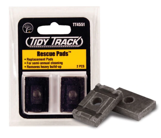 Packaging of Tidy Track Rescue Pads, with two grey replacement pads visible through a clear plastic window.