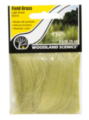 A package of Woodland Scenics model tall grasses, natural product in light green color, intended for use in model train setups.