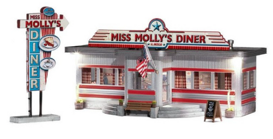 Model of Miss Molly's Diner, a diner with a red and white facade, a classic sign on top, and a menu board. It has a vintage train car design.
