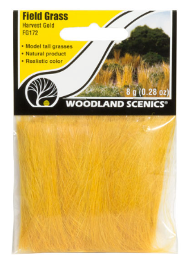 Pack of Woodland Scenics model tall grasses, in a clear plastic packaging showing the yellow grass pieces.