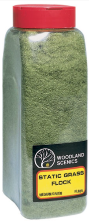 A medium green piece of static grass flock, packaged in a clear plastic box with the Woodland Scenics logo on the bottom right.