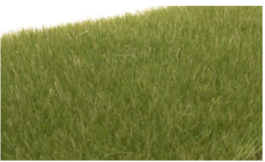 A close-up view of medium green static grass fibers used for modeling fields and tall grasses in model train setups.