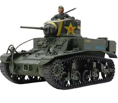A 1/35 scale model of a US Light Tank M3 Stuart with detailed drive sprocket, tracks, and a torso figure in U.S.