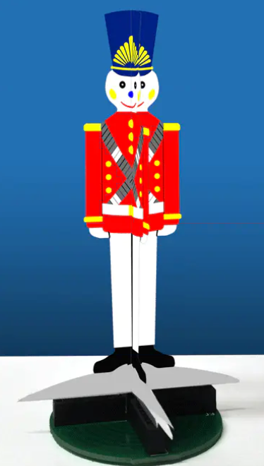 3D animated toy soldier in red uniform with gold trim, standing on a blue background.
