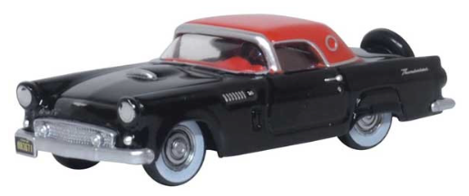 A vintage die-cast model car, specifically a 1956 Ford Thunderbird, featuring a glossy black body and a vibrant red roof, shown against a plain white background.