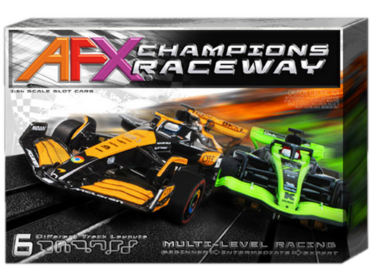 Box of AFX Champions Raceway with two racing cars on a track