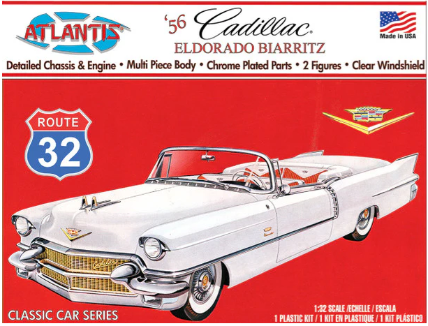 Model car kit packaging for a 1956 Cadillac Eldorado Biarritz on a red background with Atlantis branding.