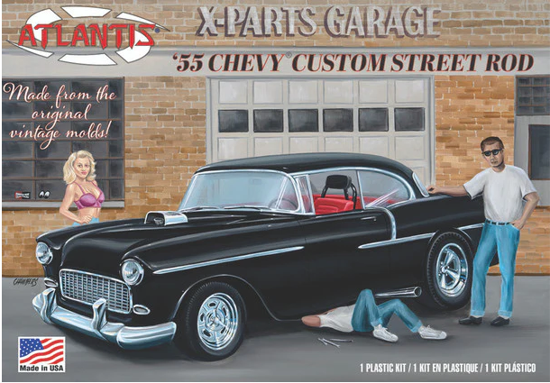 Vintage-style advertisement for a '55 Chevy custom street rod with a garage and people around.