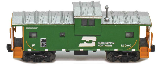 Model train car with Burlington Northern logo on a white background