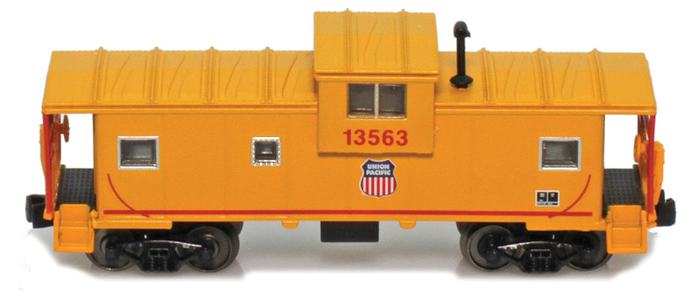 Model train caboose with orange body and black wheels on a white background