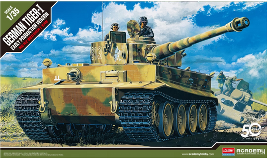 Model tank kit of German Tiger I with camouflage pattern on a blue sky background