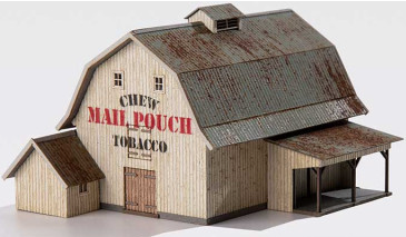 Model of a barn with 'Chevy Mail Pouch Tobacco' branding on a white background