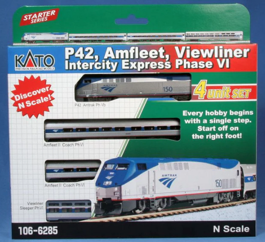 Packaging for Kato 106-6285-DCC GE P42, Amfleet, Viewliner Intercity Express Phase VI 4-Car 'Starter Series' Set, displaying the model train and its components, with green and red accents on the packaging.