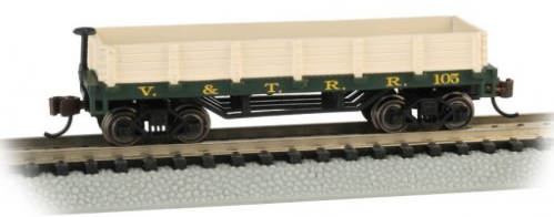 Model train car with 'V & T R. R. 105' branding on a track