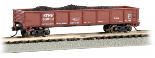 Model train car with 'ATSF' branding on a track