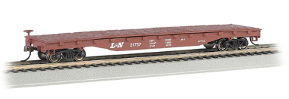 Model train flatcar on a track with a maroon color scheme.