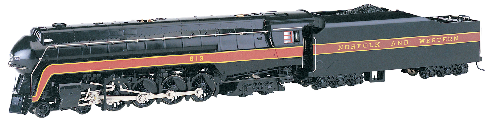 Model train set with Norfolk and Western logo on a black background