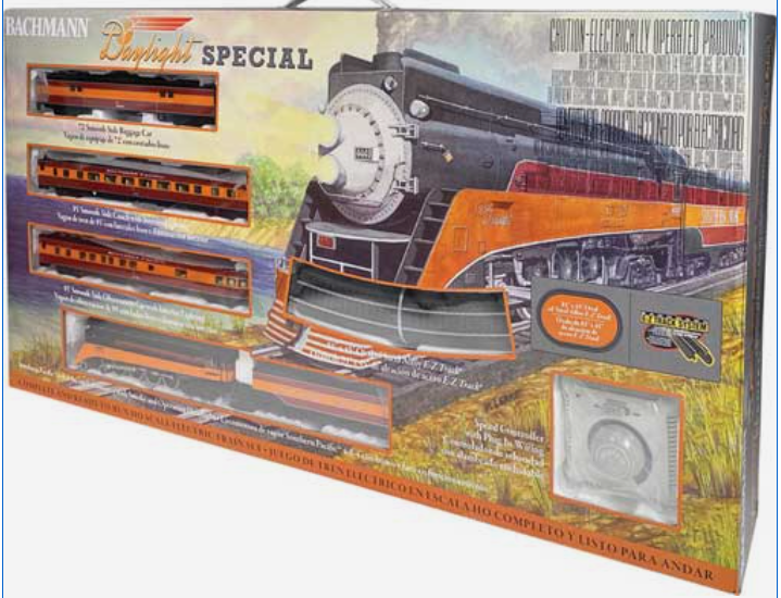 Bachmann Brightline Special model train set in its original retail packaging, featuring an illustrated box with a black and orange locomotive, passenger cars, and track pieces.
