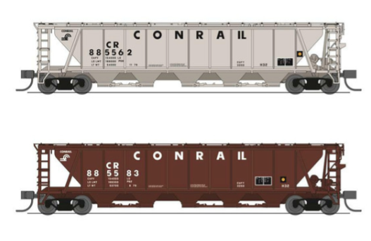 Two Conrail freight cars on a white background