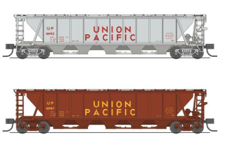 Two Union Pacific railroad cars on a white background