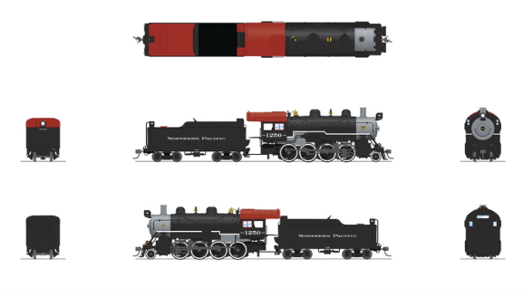 Model train set with multiple locomotives on a white background