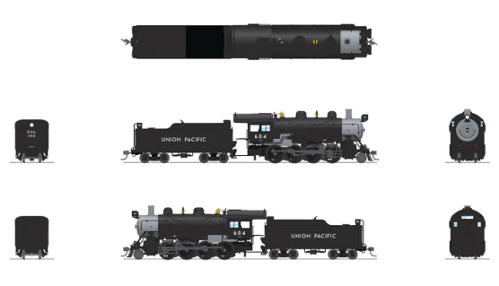 Model train set with Union Pacific locomotives on a white background