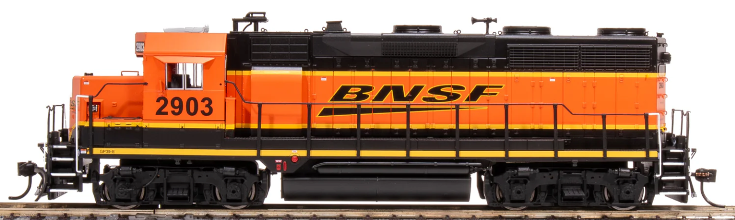 Model train locomotive with BNSF logo on a white background