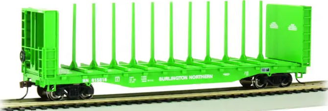 Model train car with green flatbed design, featuring Burlington Northern branding.