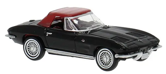 A black diecast model of a classic convertible sports car with a red convertible top and silver chrome accents, shown on a plain white background.
