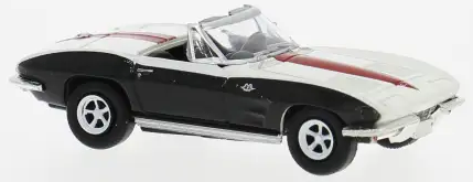 A black and white classic convertible sports car model with red racing stripes, shown from a side profile view against a plain white background.
