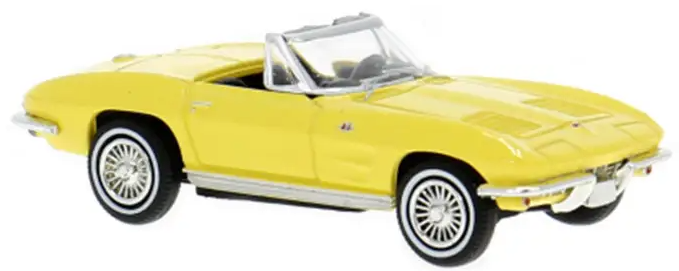 A yellow diecast model car of a classic convertible sports car, shown from a side profile view against a plain white background.
