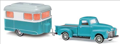 Busch 48243 HO 1950 Chevrolet Pickup Truck with Nagetusch Camper Trailer Assembled Teal