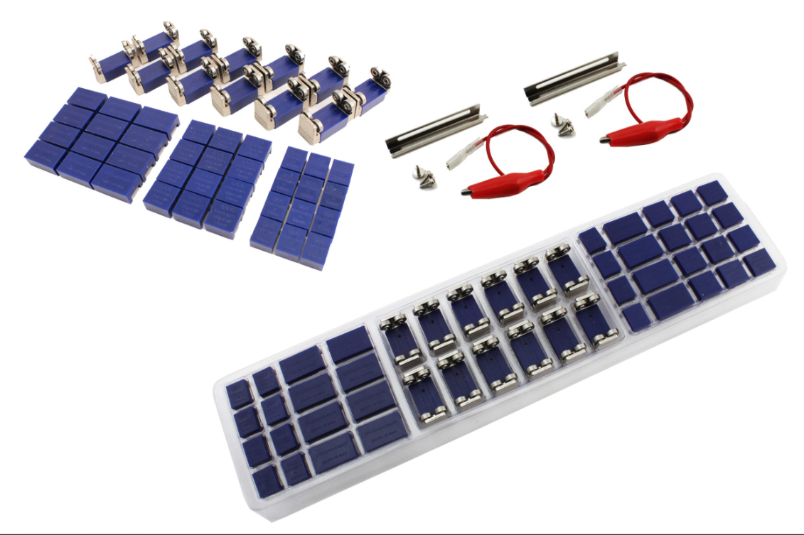 Set of electronic components including blue square pads, metal springs, and connectors on a white background