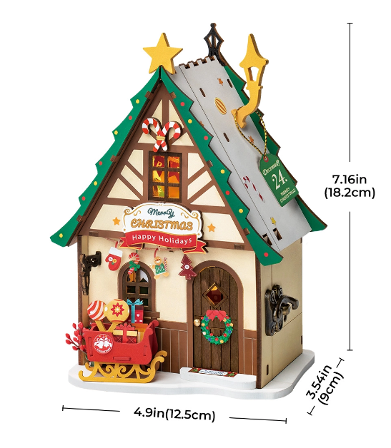 Decorative Christmas house with festive elements and measurements on a white background